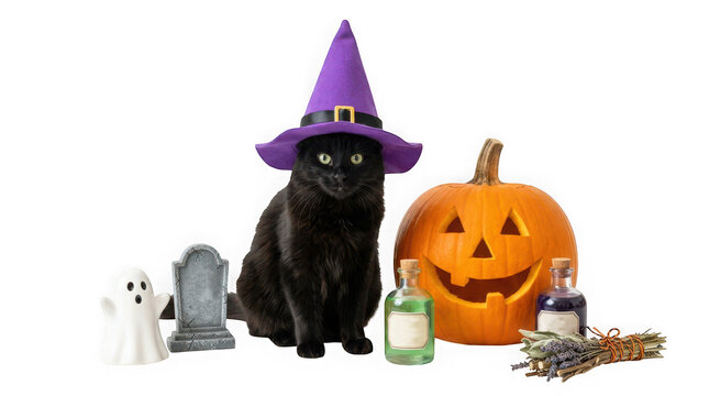 Black cat wearing a purple witch hat sitting next to a carved pumpkin, a ghost figurine, a tombstone, and potions isolated on transparent background
