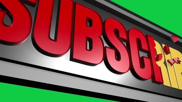 3D subscribe button text fracturing animation with green screen background, channel growth concept