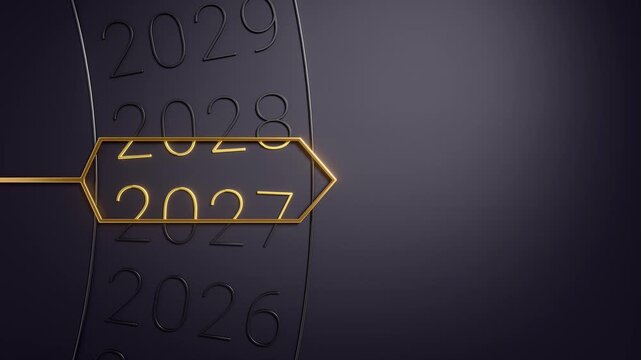 3D animation of a dark vertical year counter spinning and stopping at 2027, highlighted by a gold geometric arrow pointer on dark graphite background with large copy space. Luxury New Year concept.