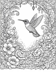 Naklejka premium Detailed black and white illustration of a hummingbird flying amidst floral border and decorative hanging elements