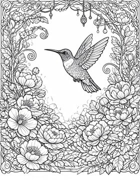 Detailed black and white illustration of a hummingbird flying amidst floral border and decorative hanging elements