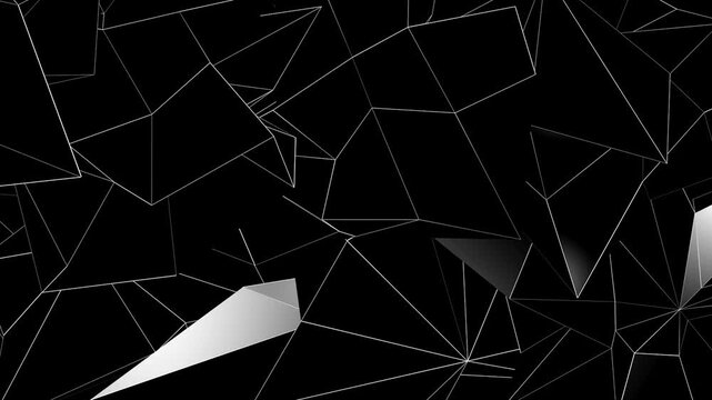 Abstract geometric background with black 3d shapes and white wireframe edges, modern motion graphic design.