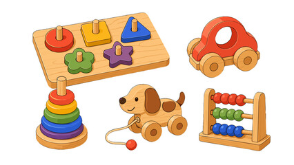 Fototapeta premium Cartoon wooden educational toys set isolated on white background
