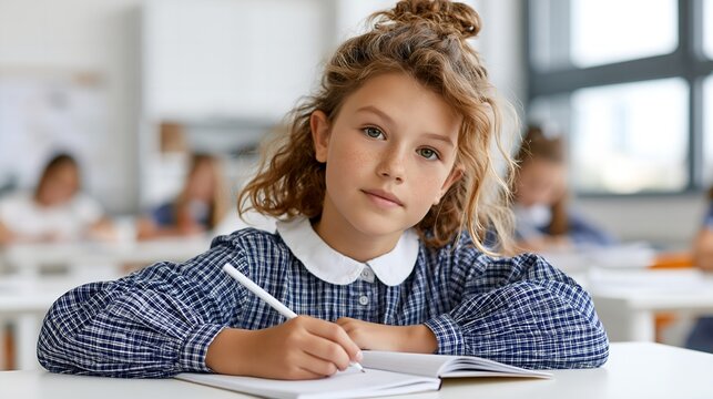 Young girl writes in notebook at school desk.