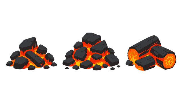 Glowing charcoal and burning coals flat vector set