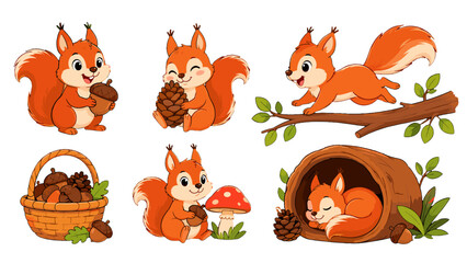 Cute cartoon squirrel character set with forest elements © Andrei