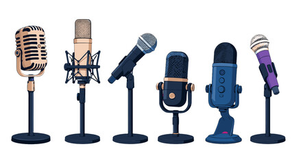 Set of cartoon microphones on stands in different styles © Andrei