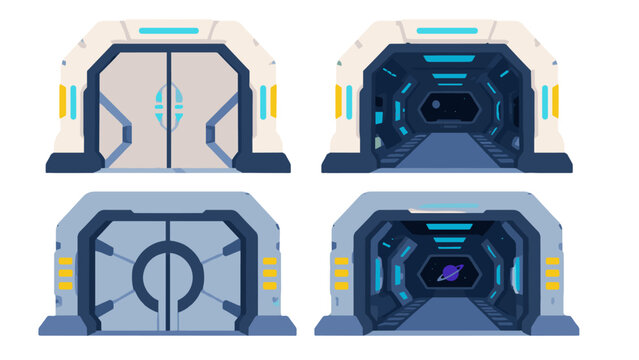 Cartoon spaceship doors with closed and open futuristic gates