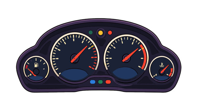 Cartoon car dashboard panel with speedometer and gauges