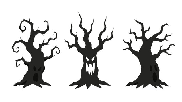 Set of spooky cartoon tree silhouettes with creepy faces