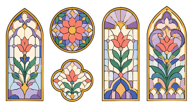 Decorative stained glass floral window pattern set
