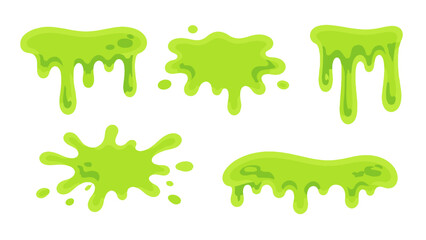 Naklejka premium Green cartoon slime drips and splatters set on white