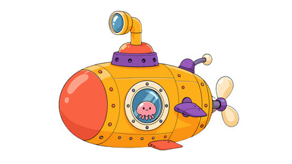 Cute cartoon yellow submarine with octopus in porthole © Andrei