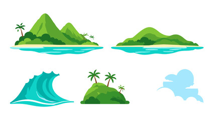 Cartoon tropical island landscape elements with wave and clouds © Andrei