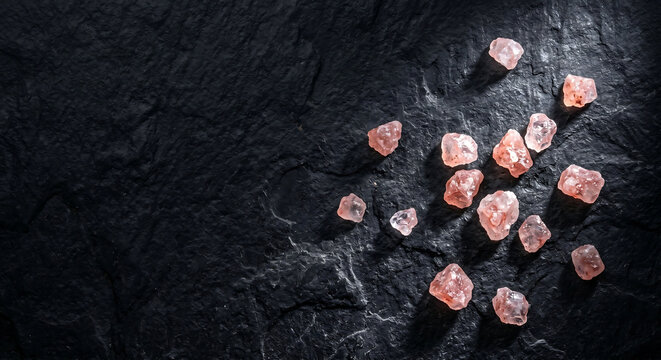 Pink Himalayan salt crystals on black slate background, raw mineral rock salt chunks, gourmet seasoning ingredients on dark stone texture