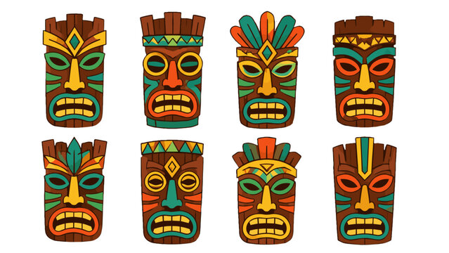 Set of colorful carved tribal masks in cartoon vector style