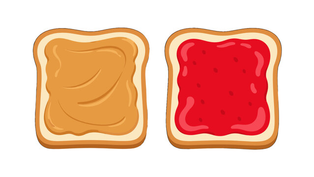 Cartoon toast slices with brown spread and red jam top view