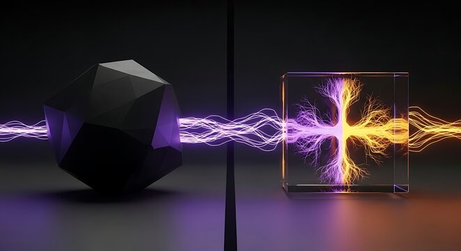 Black geometric object with purple and orange electric currents flowing