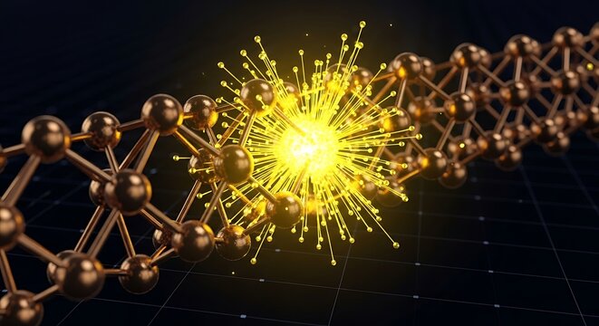 Golden molecular structure with glowing yellow center on black background