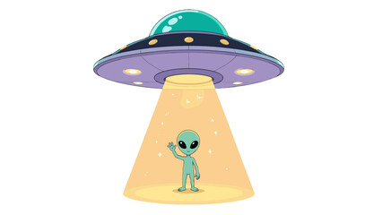 Cartoon alien under flying saucer beam on white background © Andrei