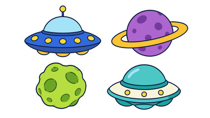 Cartoon UFO and planet icon set in colorful space vector style © Andrei
