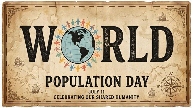 World population day poster with globe and people illustration on vintage map background