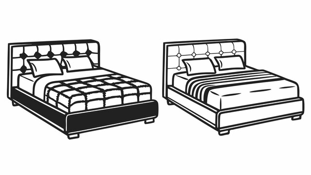 Beds featuring tufted headboards and plush bedding are arranged in a side-by-side comparative layout.