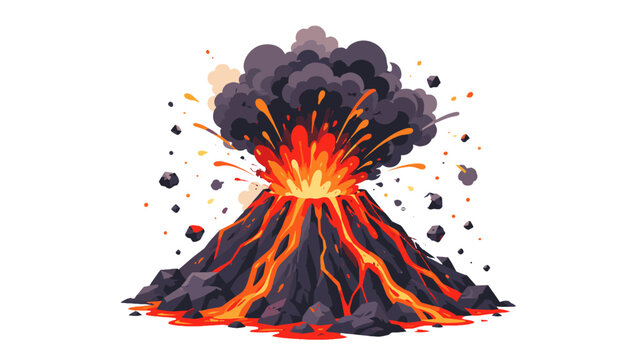 Cartoon volcano eruption with flowing lava and dark ash cloud
