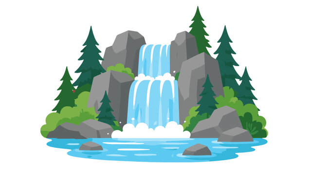 Cartoon waterfall with rocks, pine trees, and blue pool