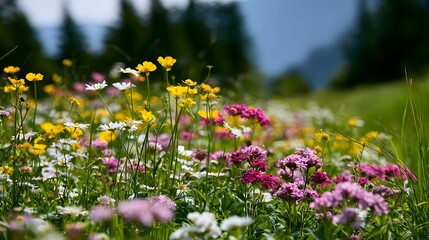 Fototapeta premium A vibrant and elegant depiction of a colorful alpine meadow beautifully embraced by lush natural scenery