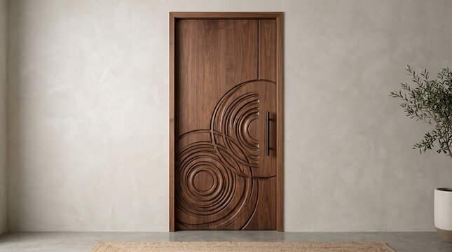 Modern Natural Wood Entrance Door With Abstract Carved Pattern And Sleek Handle