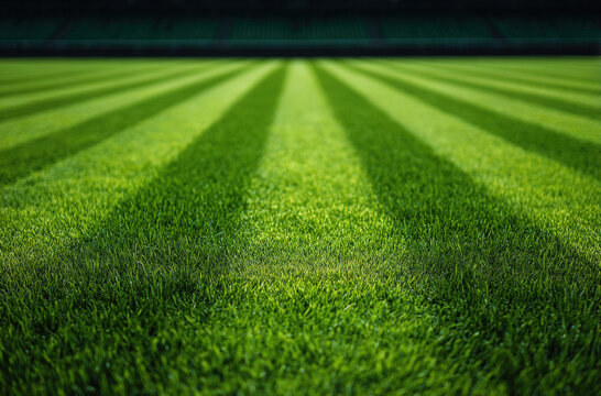 A low angle view of a perfectly manicured green grass field with alternating light and dark stripes, typical of a sports stadium pitch