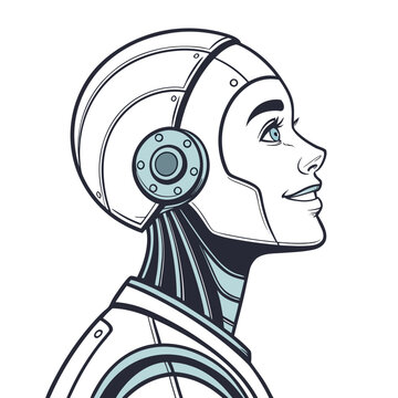 Profile portrait of humanoid female robot character with mechanical head design