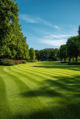 Obraz premium A lush green field with perfectly mown grass stripes leading towards a line of dense green trees under a clear blue sky on a sunny summer day