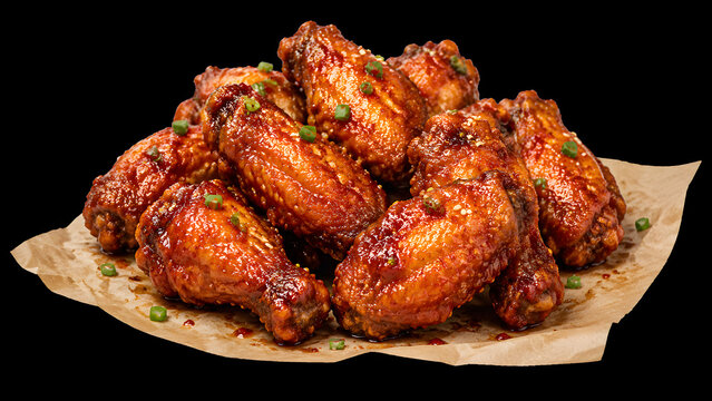 Delicious crispy fried chicken wings coated in a sticky spicy red glaze with green onion garnish served on brown parchment paper isolated on transparent background