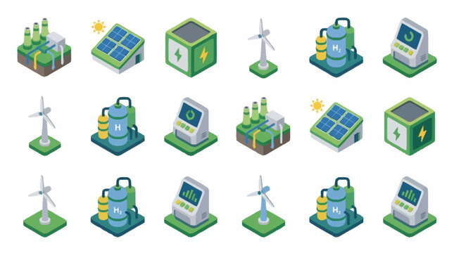 Isometric Green Energy Technology Icons Set.