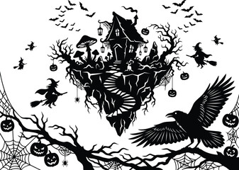 Obraz premium Spooky Halloween Silhouette Scene with Floating Island, Haunted House, Flying Witches, and Raven