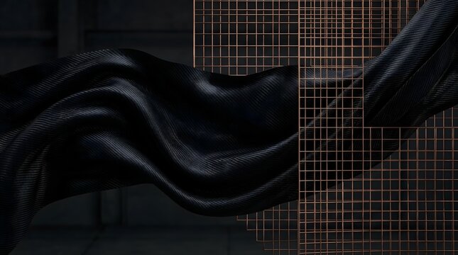 Futuristic dark carbon fiber fabric flowing with elegant waves behind a copper grid structure representing advanced technology