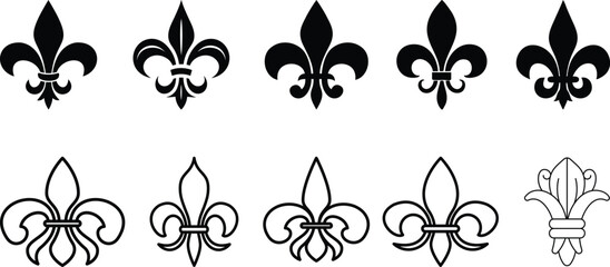 symbolic image Fluer de lis set, horizontal banner monochrome fleur de lis lily, antique monarchy symbols on transparent background, vintage decorative design elements coat of arms graphic design © MR Vector Store