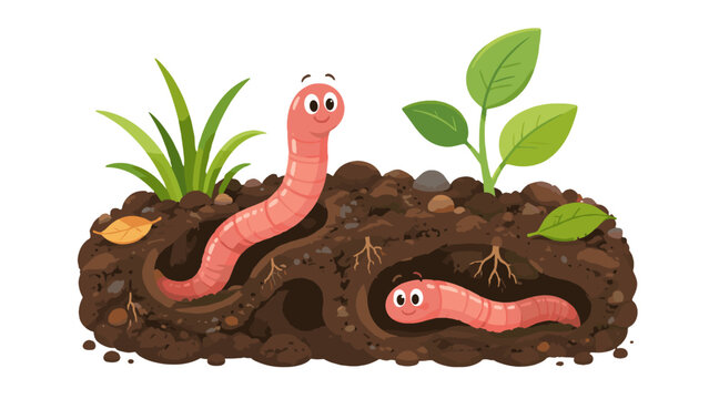 Cartoon earthworms in soil with roots and green plants