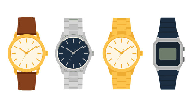 Set of analog and digital wristwatches in flat vector style