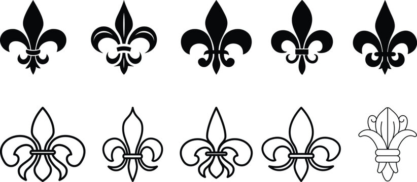 symbolic image Fluer de lis set, horizontal banner monochrome fleur de lis lily, antique monarchy symbols on transparent background, vintage decorative design elements coat of arms graphic design