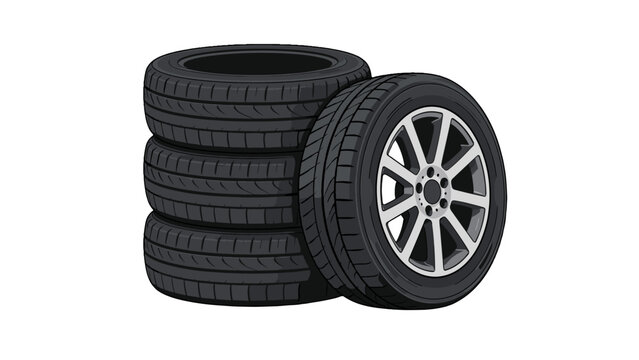Set of car tires with alloy wheel isolated on white