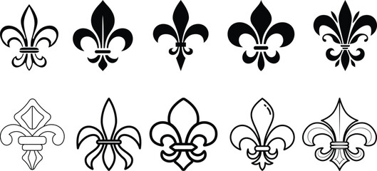 symbolic image Fluer de lis set, horizontal banner monochrome fleur de lis lily, antique monarchy symbols on transparent background, vintage decorative design elements coat of arms graphic design © MR Vector Store