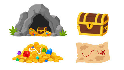 Treasure cave, chest, gold coins and map cartoon vector set © Andrei