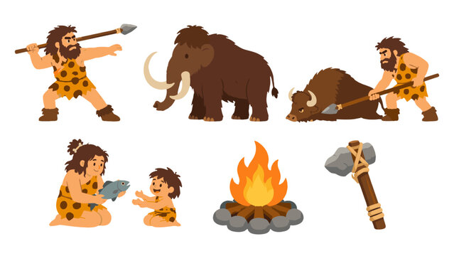 Prehistoric people hunting animals and daily life vector set