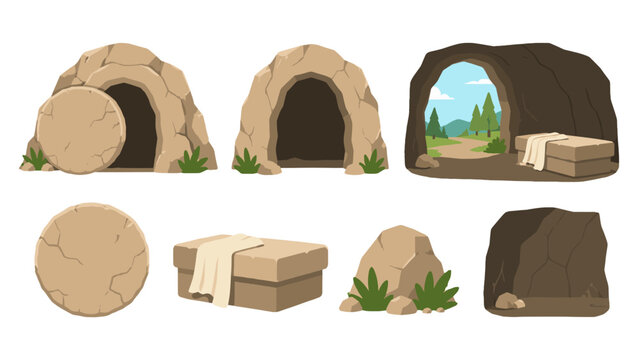 Cartoon cave tomb set with stone entrance and interior view