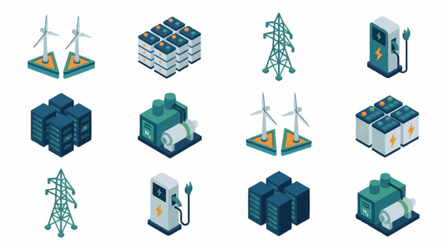 Isometric icons of renewable energy and technology infrastructure.