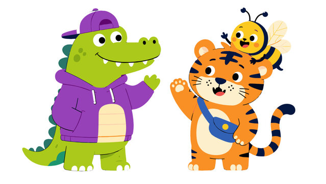 Cute cartoon crocodile, tiger, and bee character set