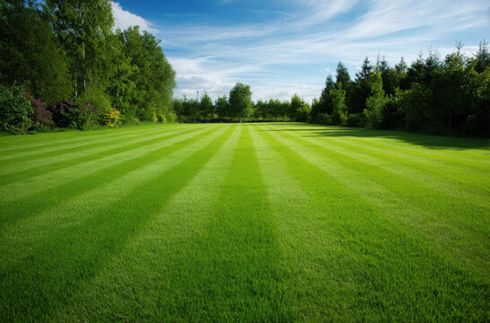 A wide view of a lush green grass field with alternating stripes, surrounded by a line of tall green trees under a bright blue sky with clouds